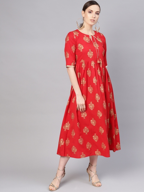 

Libas Women Red & Golden Block Print A-Line Dress