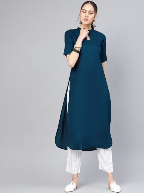 

Libas Women Teal Blue & White Solid Kurta with Trousers