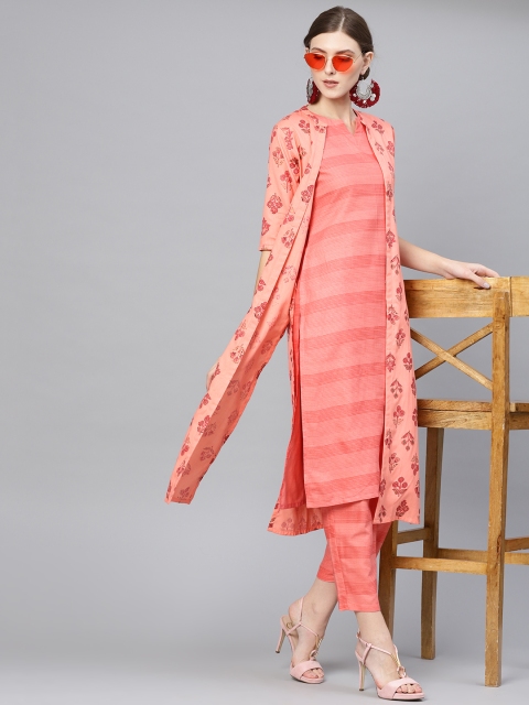 

Libas Women Peach-Coloured & Maroon Printed Layered Kurta with Trousers