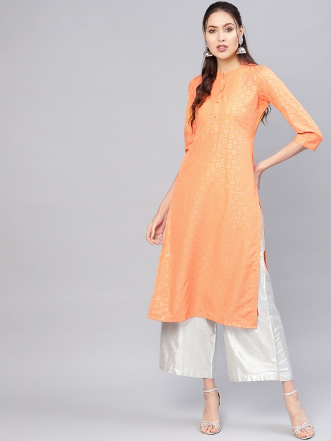 

Libas Women Orange & Silver Block Print Straight Kurta