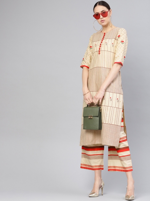 

Libas Women Beige & Brown Striped Kurta with Palazzos
