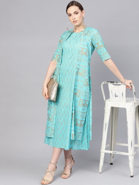 

Libas Women Blue & Golden Block Print A-Line Dress with Shrug