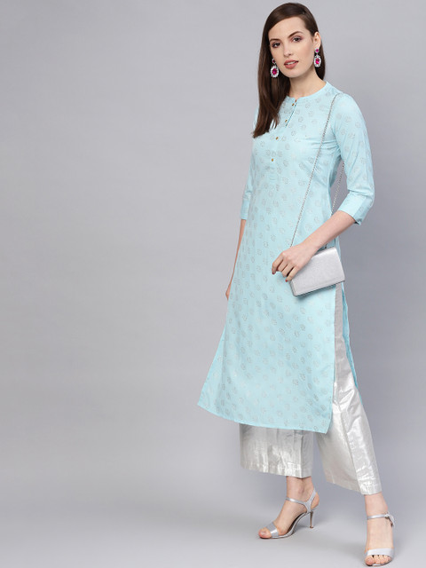 

Libas Women Blue & Silver Block Printed Straight Kurta