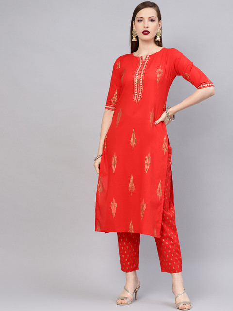

Libas Women Red & Golden Block Print Kurta with Trousers