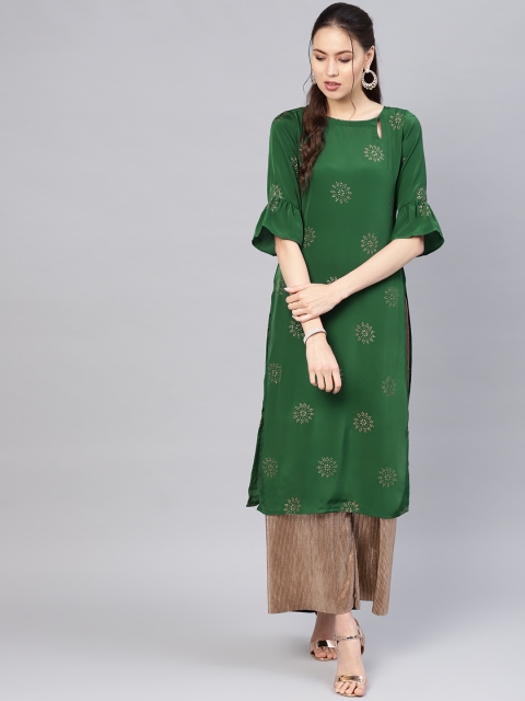 

Libas Women Green & Golden Printed Straight Kurta