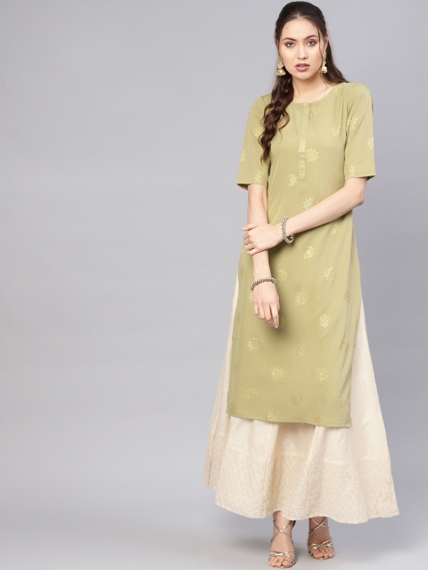 

Libas Women Olive Green & Golden Block Print Straight Kurta