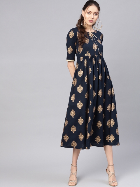

Libas Women Navy Blue & Golden Block Print Maxi Dress