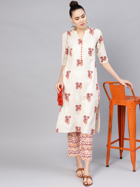 

Libas Women Off-White & Orange Printed Kurta with Trousers