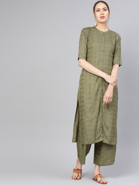 

Libas Women Olive Green Self Checked Kurta with Palazzos
