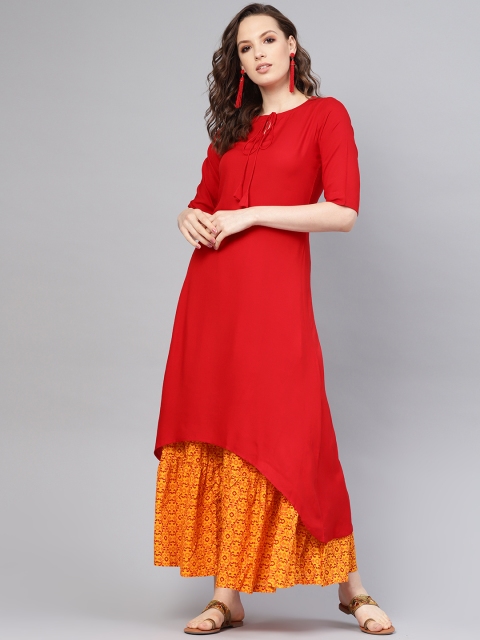 

Libas Women Red & Mustard Yellow Solid Kurta with Skirt