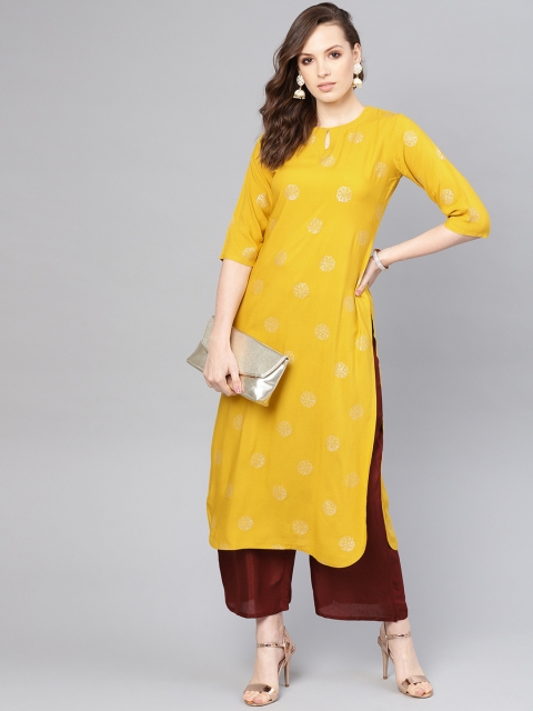 

Libas Women Mustard Yellow & Maroon Printed Kurta with Palazzos
