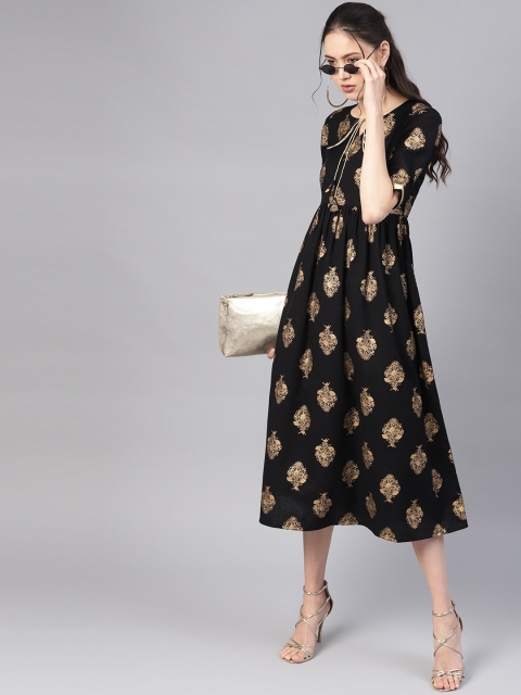 

Libas Women Black & Golden Block Print Maxi Dress