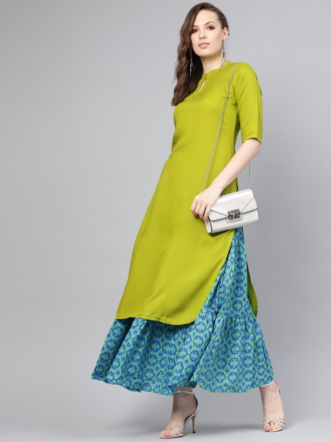 

Libas Women Green & Blue Solid Kurta with Skirt
