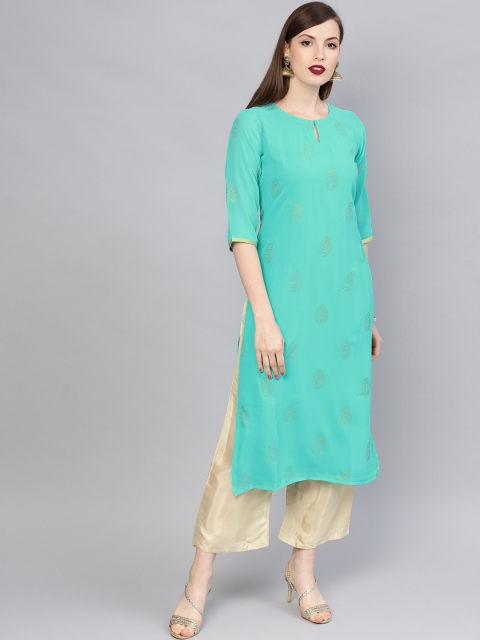 

Libas Women Sea Green & Golden Block Print Kurta with Palazzos
