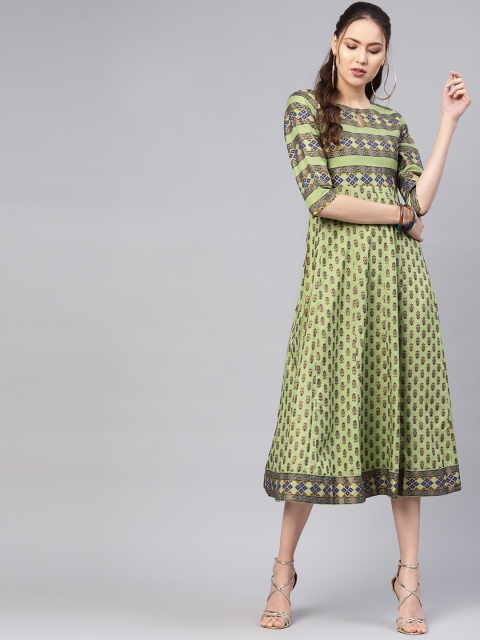 

Libas Women Green & Golden Block Print Maxi Dress