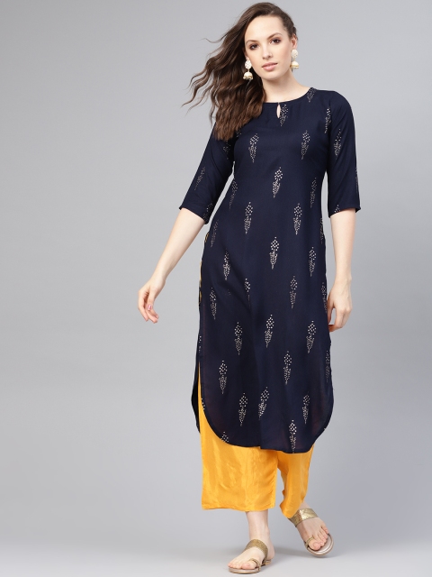 

Libas Women Navy Blue & Mustard Yellow Printed Kurta with Palazzos
