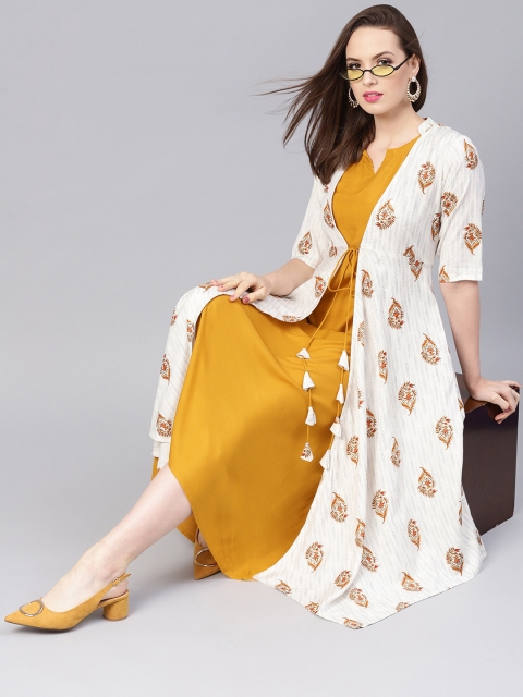 

Libas Women Mustard Yellow & Off-White Solid Maxi Dress with Ethnic Jacket