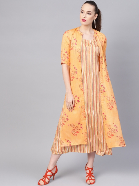 

Libas Women Mustard Yellow & Off-White Striped Layered A-Line Dress