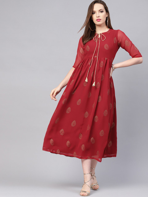 

Libas Women Maroon & Golden Block Print Midi A-Line Dress