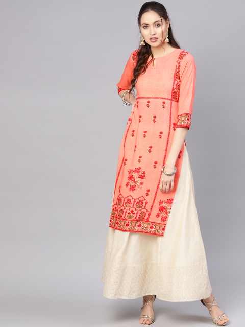 

Libas Women Peach-Coloured & Red Printed Straight Kurta