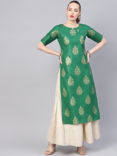 

Libas Women Green & Golden Block Print Straight Kurta