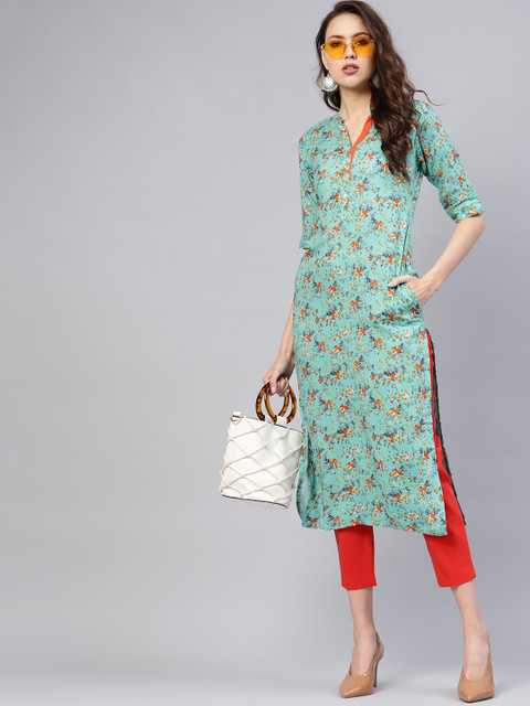 

Libas Women Blue & Orange Floral Print Straight Kurta