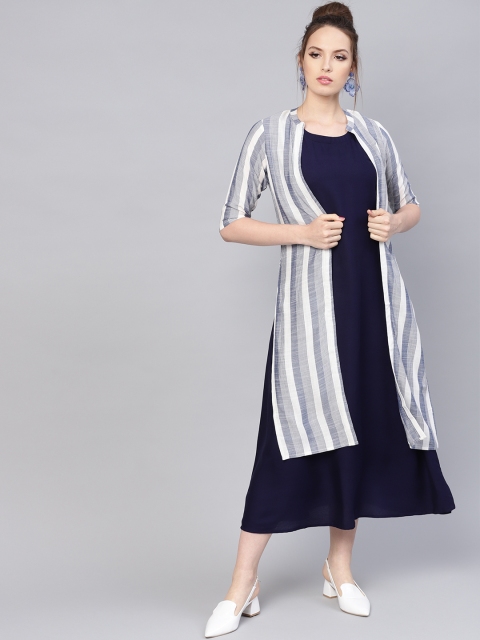 

Libas Women Navy Blue Solid Maxi Dress with Ethnic Jacket