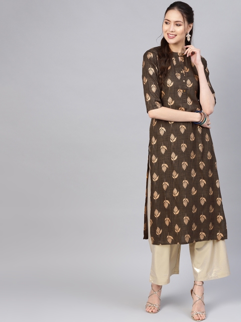 

Libas Women Brown & Golden Block Print Straight Kurta