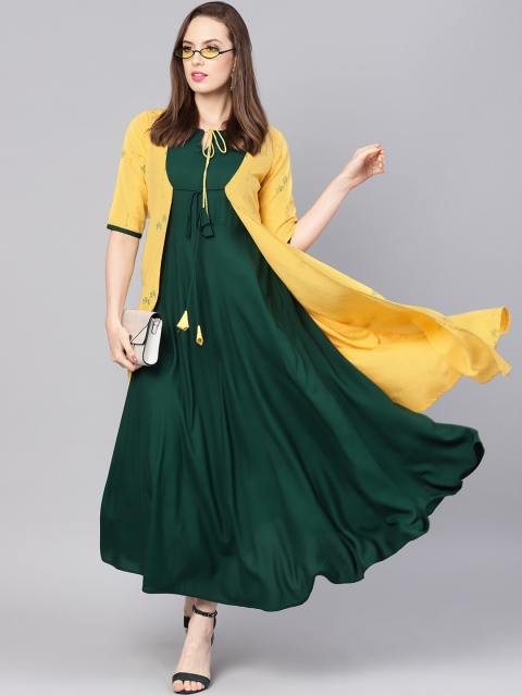 

Libas Women Green & Yellow Solid Maxi Dress with Ethnic Jacket