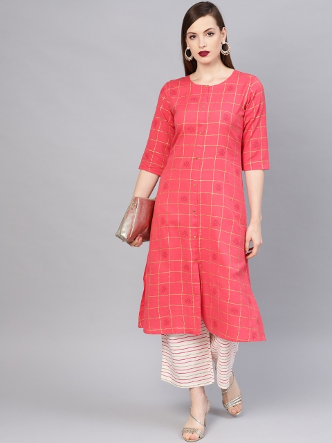 

Libas Women Coral Pink & Off-White Checked Kurta with Palazzos