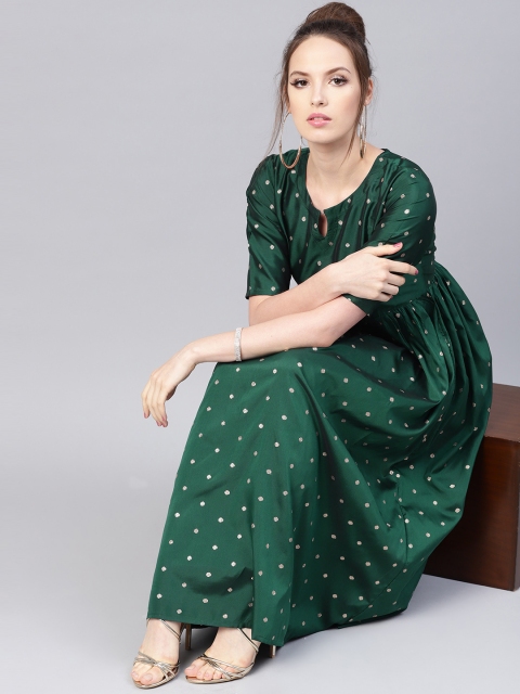 

Libas Women Green & Golden Woven Design A-Line Dress