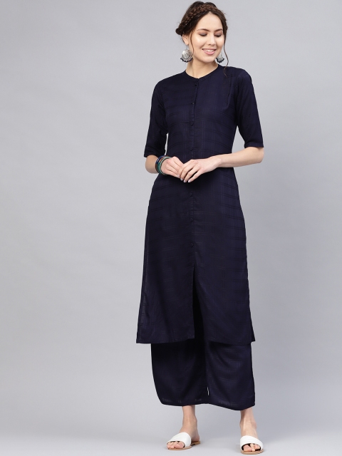 

Libas Women Navy Blue Self-Checked Kurta with Palazzos