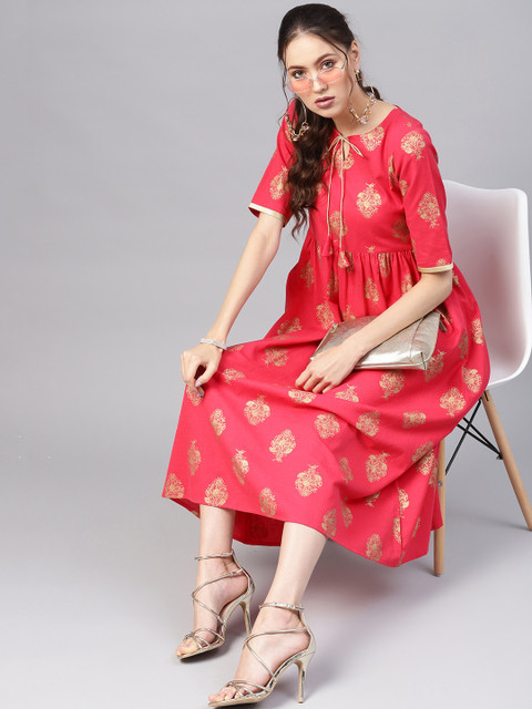 

Libas Women Pink & Golden Block Print Maxi Dress