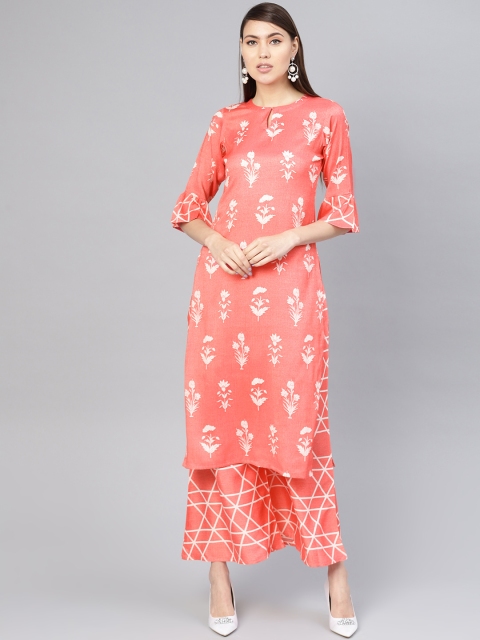 

Libas Women Pink & White Printed Linen Kurta with Palazzos