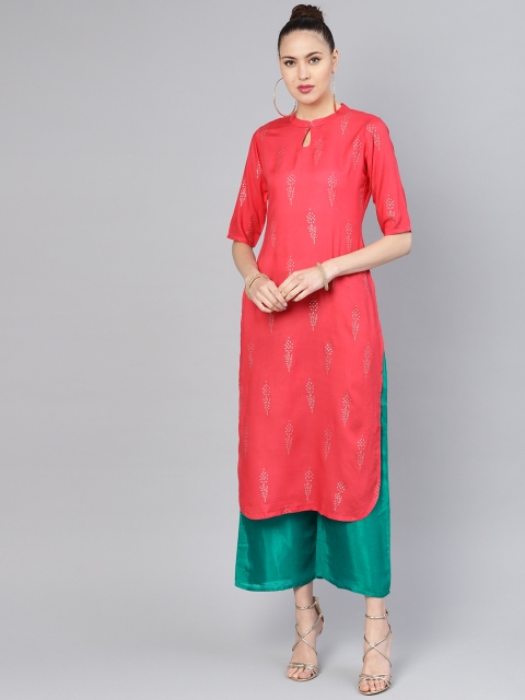 

Libas Women Pink & Green Block Printed Kurta with Palazzos