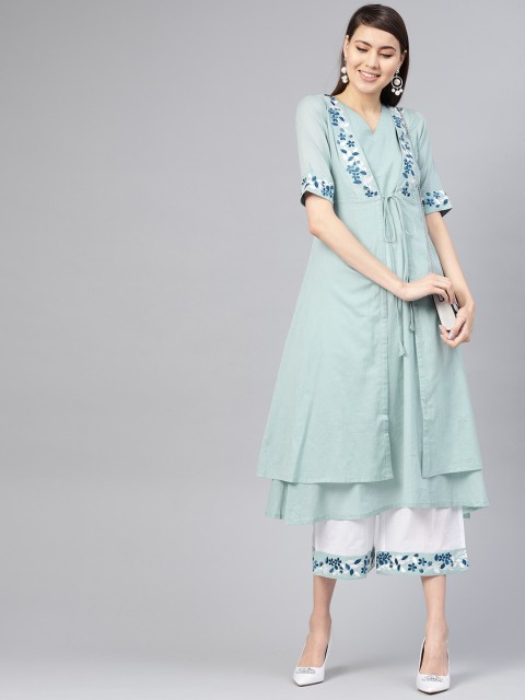 

Libas Women Blue & White Solid Layered Kurta with Palazzos