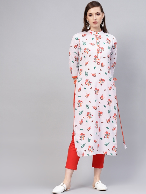

Libas Women White & Orange Printed Straight Kurta