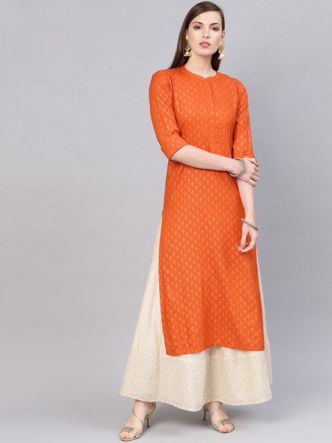 

Libas Women Orange & Golden Block Printed Straight Kurta