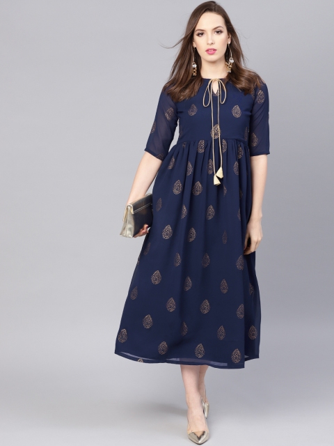 

Libas Women Navy Blue & Golden Block Print A-Line Dress