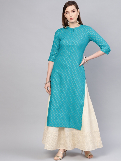 

Libas Women Blue & Golden Block Print Straight Kurta