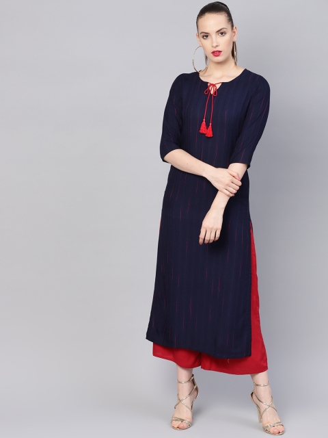 

Libas Women Navy Blue Self-Striped Straight Kurta