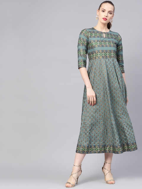 

Libas Women Green & Golden Block Print A-Line Dress