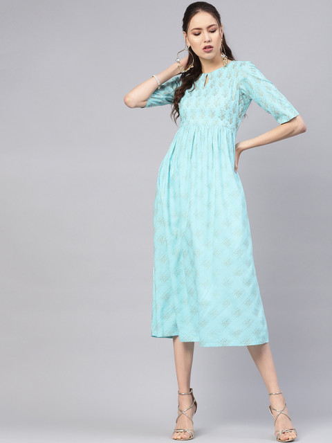 

Libas Women Blue & Golden Block Print Maxi Dress