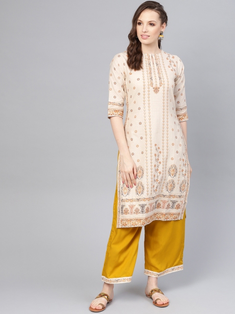 

Libas Women Beige & Mustard Yellow Printed Kurta with Palazzos