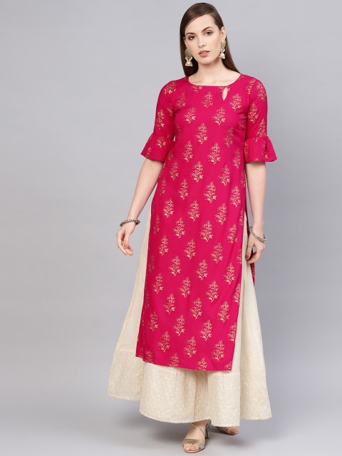 

Libas Women Magenta & Golden Block Printed Straight Kurta