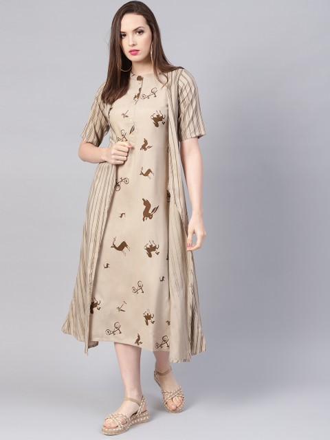 

Libas Women Taupe & Brown Printed A-Line Dress with Ethnic Jacket