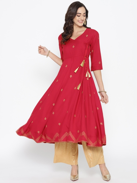 

HERE&NOW Women Red & Golden Printed Angrakha A-Line Kurta