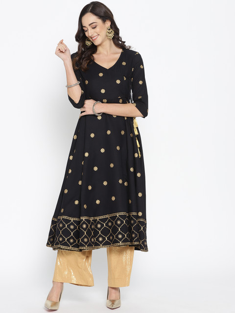 

HERE&NOW Women Black & Golden Printed Angrakha A-Line Kurta