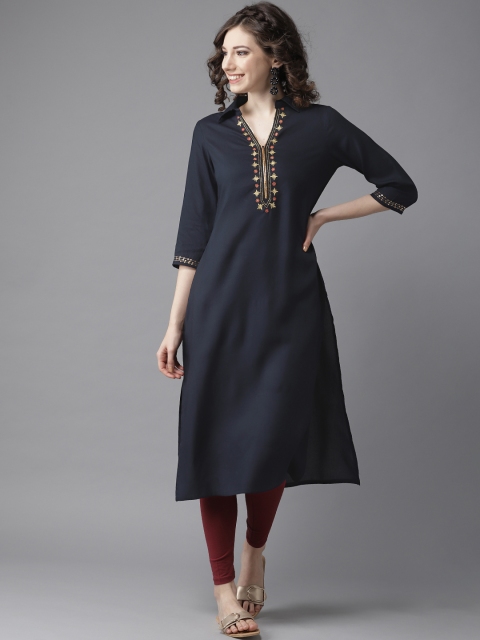 

HERE&NOW Women Navy Blue Solid A-Line Kurta