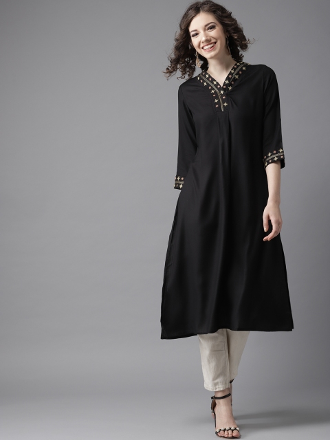 

HERE&NOW Women Black Solid A-Line Kurta